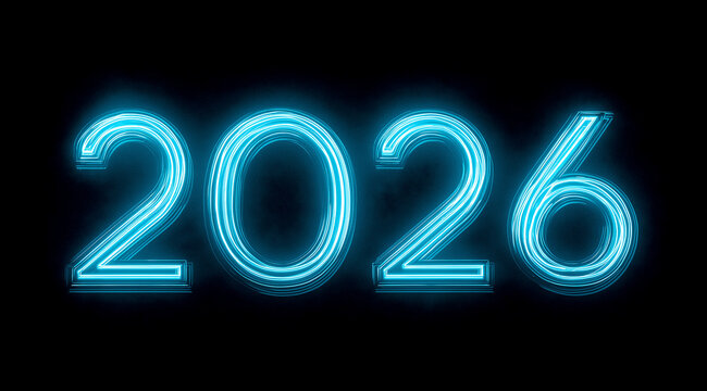 the word 2026 in glowing blue neon numbers, against a plain background. the letters have an elegant glow and subtle shadows that give depth to the design