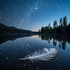 A delicate feather reflected on a mirror-like lake beneath a starry sky, evoking tranquility