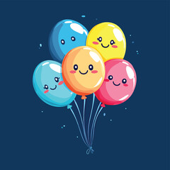 A cheerful bunch of colorful balloons floating with cute smiling faces illustration , vector style simple color