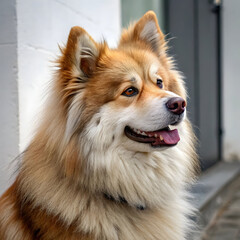A Finnish Lapphund with thick fur and friendly eyes, known for its intelligence
