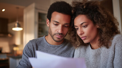 A couple studies documents together, showing focus and connection in their cozy home Generative AI