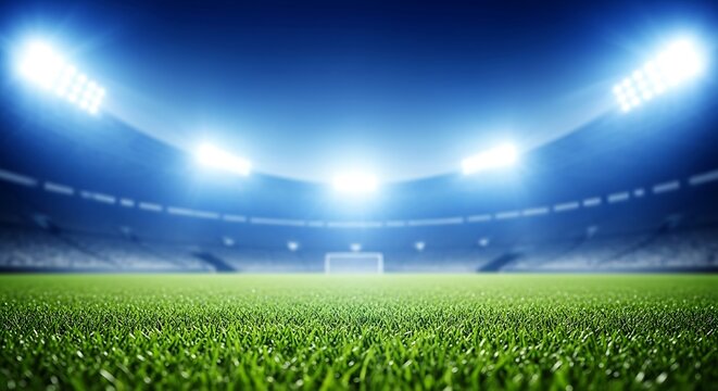 High quality image of vast, empty football stadium at night, illuminated by bright floodlights, with a perfectly manicured green grass field in the foreground