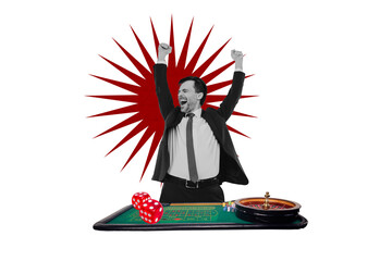 Composite photo collage of excited man casino game winner dice roulette combination victory lucky chance isolated on painted background