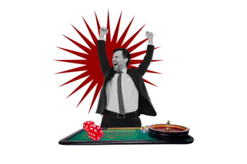 Composite photo collage of excited man casino game winner dice roulette combination victory lucky chance isolated on painted background