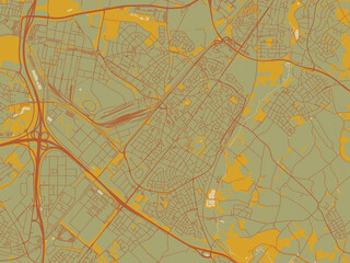 Modern flat map poster of Geleen, Netherlands in sage/olive tone field with rust networks and ochre shapes, cream water.