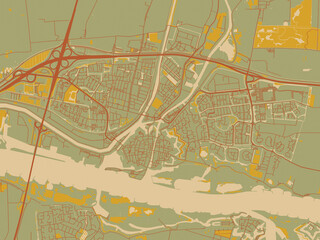 Graphic flat color map of Gorinchem, Netherlands in olive backdrop with warm rust street network and ochre blocks.