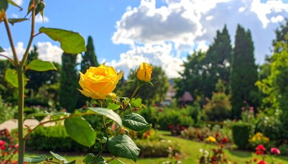 A vibrant garden scene featuring blooming yellow roses under a bright sky