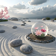 A serene floating flower orb hovering in a zen garden, symbolizing peace, balance