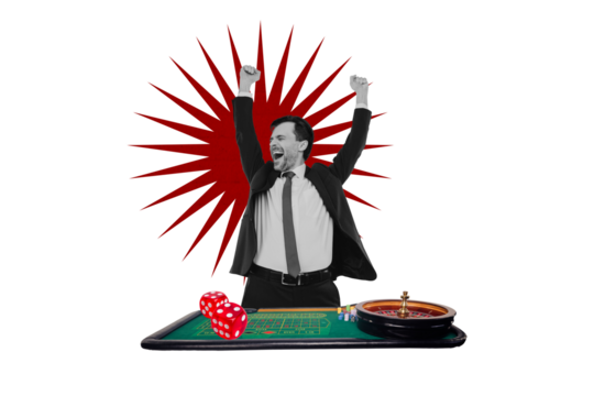 Composite photo collage of excited man casino game winner dice roulette combination victory lucky chance isolated on painted background - Powered by Adobe