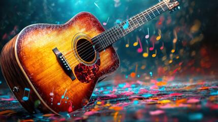 Obraz premium acoustic guitar and colourful music notes