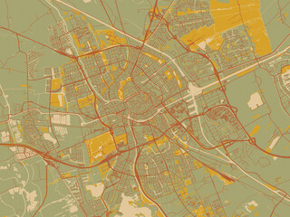 Minimalist flat city map of Groningen, Netherlands with sage green ground with rust-red roads and ochre accents.