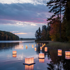 Floating lanterns drift peacefully over a calm lake, illuminating the night with warmth