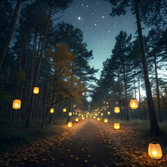 Floating lanterns glide through a quiet night forest, casting soft golden light