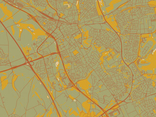 Fototapeta premium Abstract flat-design map of Heerlen, Netherlands, featuring sage green ground with rust-red roads and ochre accents.