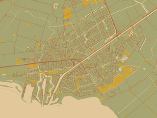 Obraz premium Modern flat map poster of Hellevoetsluis, Netherlands in olive backdrop with warm rust street network and ochre blocks.