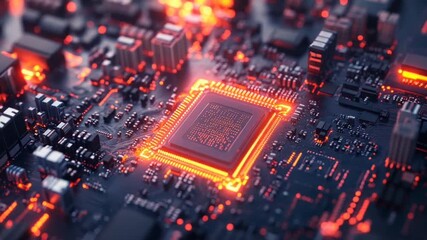 Close-up of a glowing CPU on a circuit board, symbolizing advanced technology and computing power. - Powered by Adobe