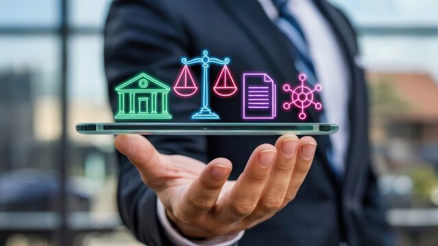 Businessman holds smartphone displaying glowing legal and financial icons for modern business solutions