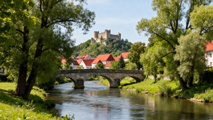 Fototapeta premium Castle on hill above bridge and houses