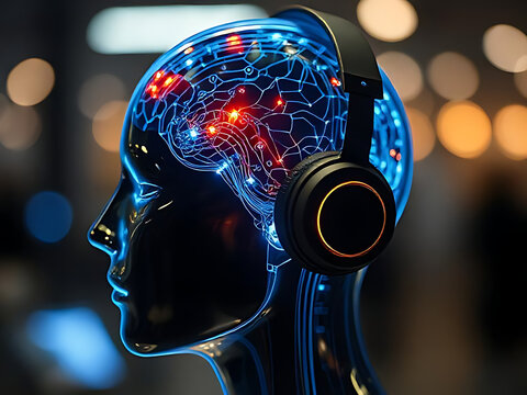 A futuristic mannequin head with glowing brain circuitry and headphones, symbolizing artificial intelligence, music, and the intersection of technology and creativity in a dark background