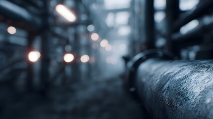 Dimly lit industrial corridor with large textured pipes and glowing lights in the background