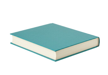 Isolated book, flat lay view, closed with teal cover, neutral light and a clean look for design