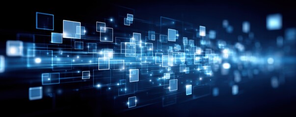 Obraz premium Social media control concept. A dynamic digital abstract image featuring glowing blue squares and lines, representing data flow and technology.