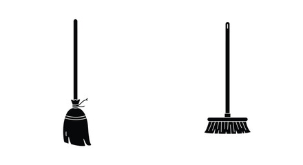 Two simple black silhouettes of cleaning brooms against a white background