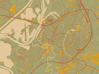 Poster-ready flat map of Roermond, Netherlands, olive backdrop with warm rust street network and ochre blocks.