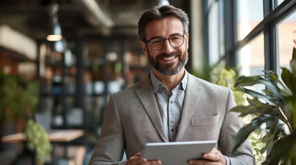 Smiling businessman using tablet PC at office