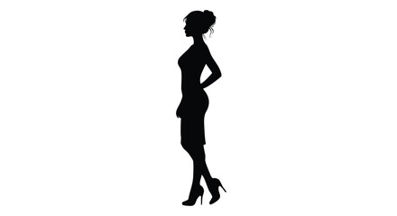 Black silhouette of a graceful woman standing in profile wearing a stylish dress and high heels. An elegant vector illustration representing confidence, fashion, and modern professionalism