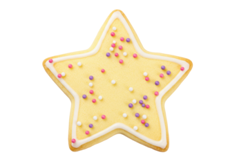 Isolated star-shaped cookie with yellow icing and colorful sprinkles, dessert sweet treat