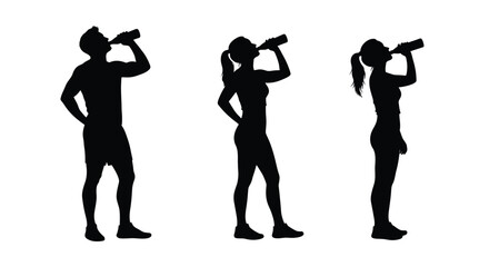Three silhouettes of people drinking from water bottles outdoors