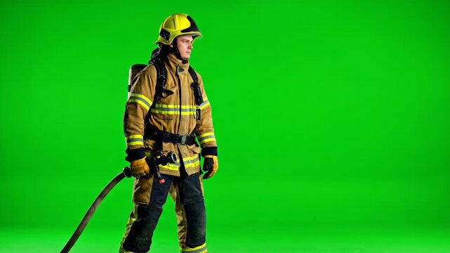 Firefighter spraying water with a fire hose. Professional in protective gear on a green screen. Emergency rescue and safety concept