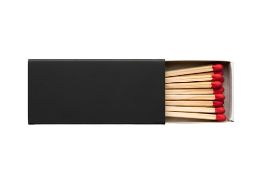 Open Matchbox Revealing Matches with Red Tips, on Black Background, Ready to Ignite, Fire Safety Concept, Wooden Matches Still Life