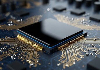 High quality image of closeup of a black computer processor chip on a detailed electronic circuit board with golden connections
