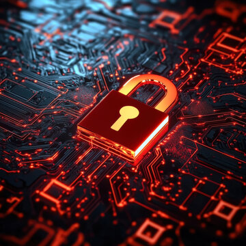 glowing digital lock streams of binary code and data points