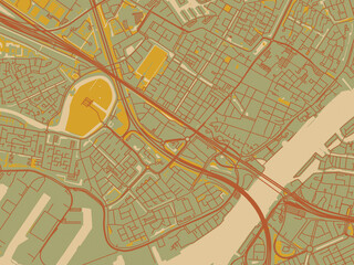 Flat painterly map of Zwijndrecht, Netherlands in sage/olive tone field with rust networks and ochre shapes, cream water.