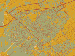 Stylized minimalist map of Zeist, Netherlands in muted sage base, rust-colored roads, and soft ochre highlights.