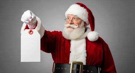 Festive Santa Claus holding blank tag for custom messaging. Perfect for holiday promotions, Christmas sales, gifts, events or personalized greeting cards design.