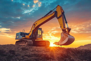 Excavator on earthworks. Excavator on construction site on sunset