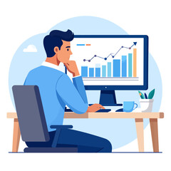 Man in blue shirt analyzing financial growth chart on computer screen.