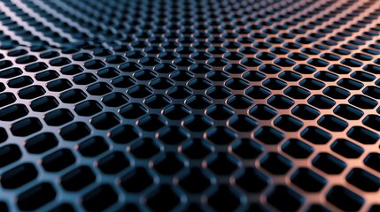 Detailed close-up view of a textured metallic surface with hexagonal patterns in shades of blue and orange light reflections