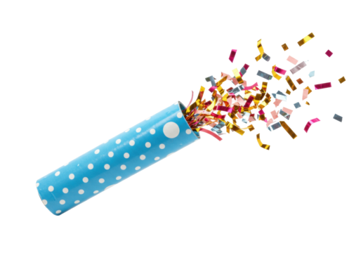 Isolated blue party popper with confetti, festive celebration, birthday party, anniversary