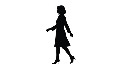 Silhouette of a woman in a coat and heels walking with her side profile visible against a white background