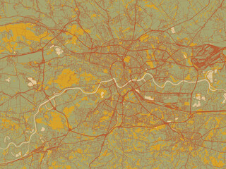 Flat painterly map of Krakow, Poland in earthy sage background with rust roadways and ochre details.