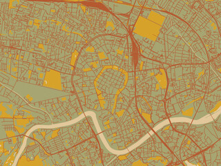 Stylized minimalist map of Krakow city center, Poland in olive backdrop with warm rust street network and ochre blocks.
