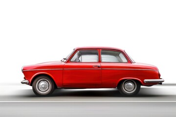 Red car speeding vehicle white background transportation.