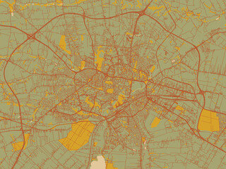 Stylized minimalist map of Lublin, Poland in sage/olive tone field with rust networks and ochre shapes, cream water.