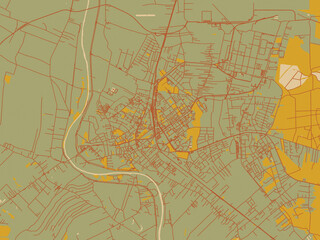 Stylized minimalist map of Mielec, Poland in olive backdrop with warm rust street network and ochre blocks.