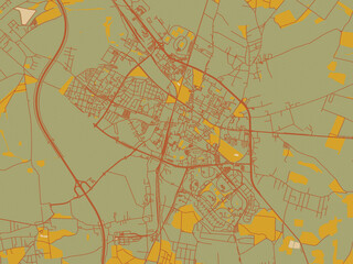 Fototapeta premium Graphic flat color map of Lubin, Poland in sage/olive tone field with rust networks and ochre shapes, cream water.